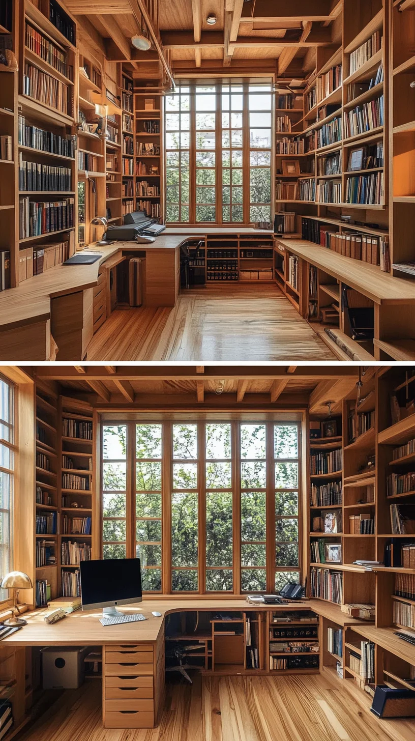 Cozy Wooden Library: Elevate Your Workspace with Natural Warmth and Elegance