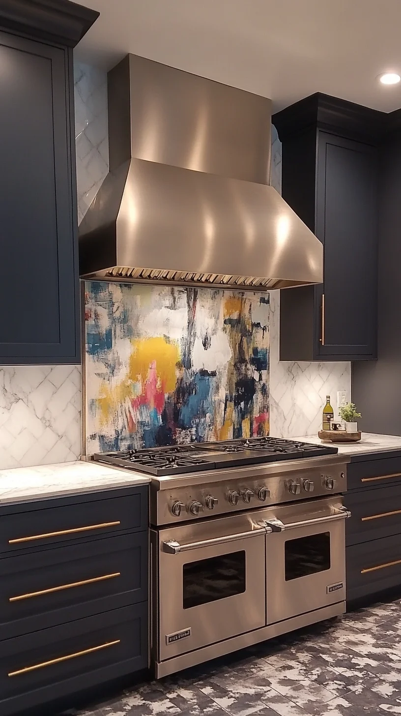 Elevate Your Cooking Space: Striking Dark Cabinets with Bold Art Backdrop