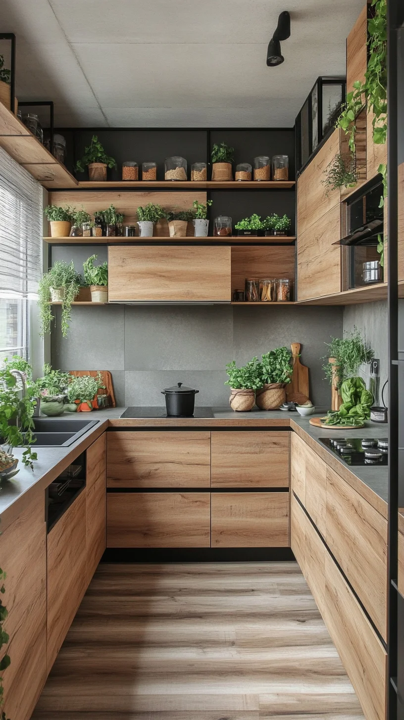 Embrace Nature: A Modern Kitchen with Lush Greenery and Sleek Wood Accents