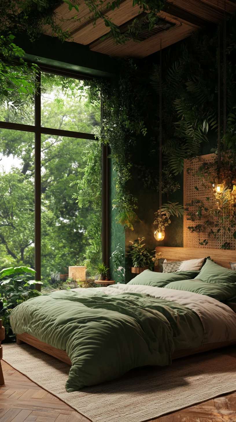 Embrace Nature’s Serenity with Luxurious Green Bedroom Retreat