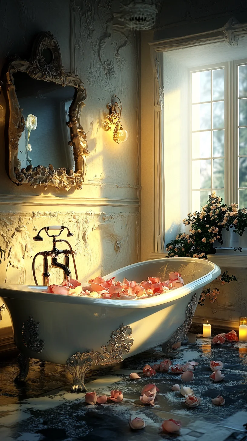 Luxurious Vintage Bathroom Oasis: Bathtub Bliss with Rose Petals and Soft Lighting