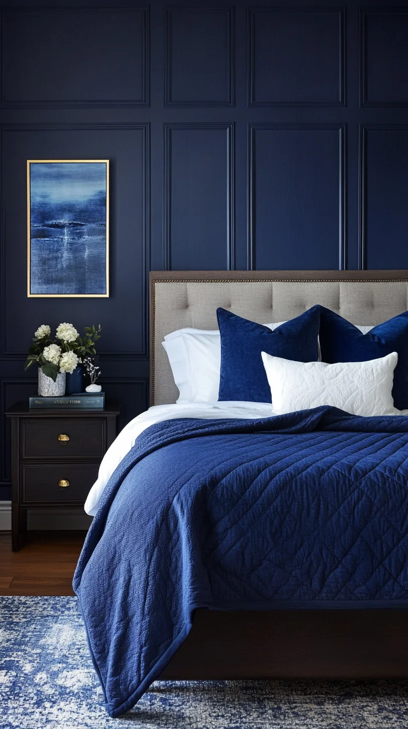 Transform Your Bedroom with Deep Navy Elegance and Cozy Textures