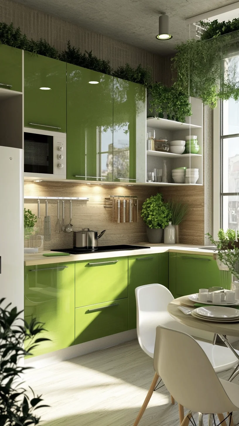 Transform Your Space with Lush Green Glossy Kitchen Cabinets and Natural Accents